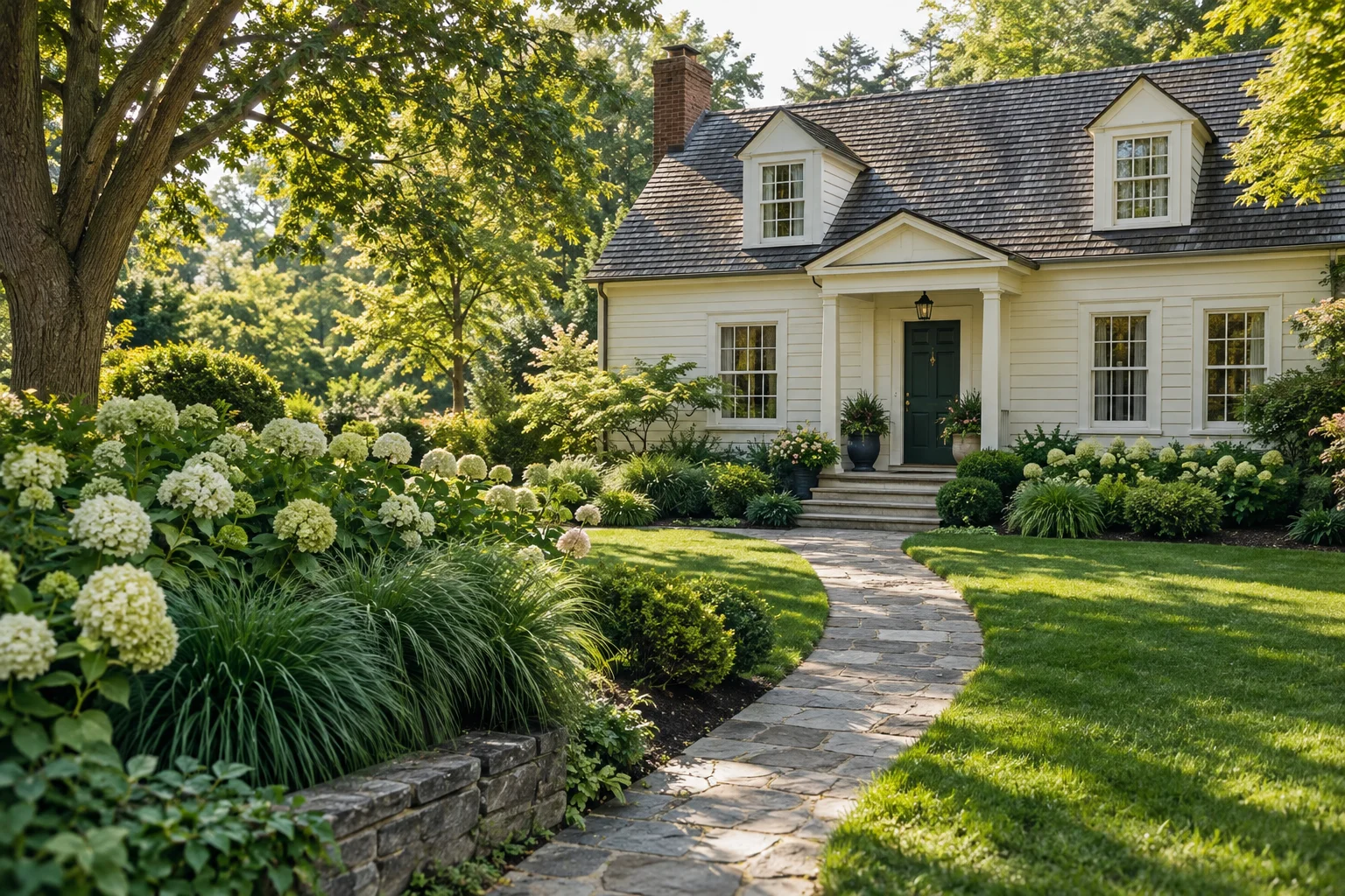 Generated illustration of a cottage with a lush landscaped garden